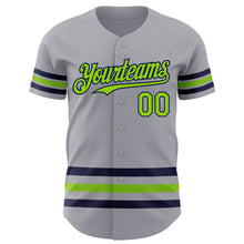 Load image into Gallery viewer, Custom Gray Neon Green-Navy Line Authentic Baseball Jersey
