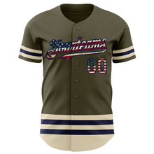 Load image into Gallery viewer, Custom Olive Vintage USA Flag Navy-Cream Line Authentic Salute To Service Baseball Jersey
