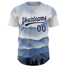 Charger l&#39;image dans la galerie, Custom White Navy 3D Pattern Design Watercolor Mountains Authentic Baseball Jersey
