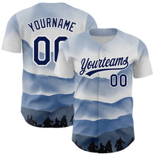 Charger l&#39;image dans la galerie, Custom White Navy 3D Pattern Design Watercolor Mountains Authentic Baseball Jersey
