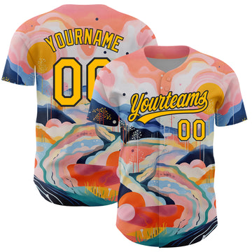 Custom Medium Pink Gold-Black 3D Pattern Design Abstract Painting Authentic Baseball Jersey