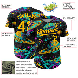Custom Black Gold 3D Pattern Design Space With Planets And Stars Authentic Baseball Jersey