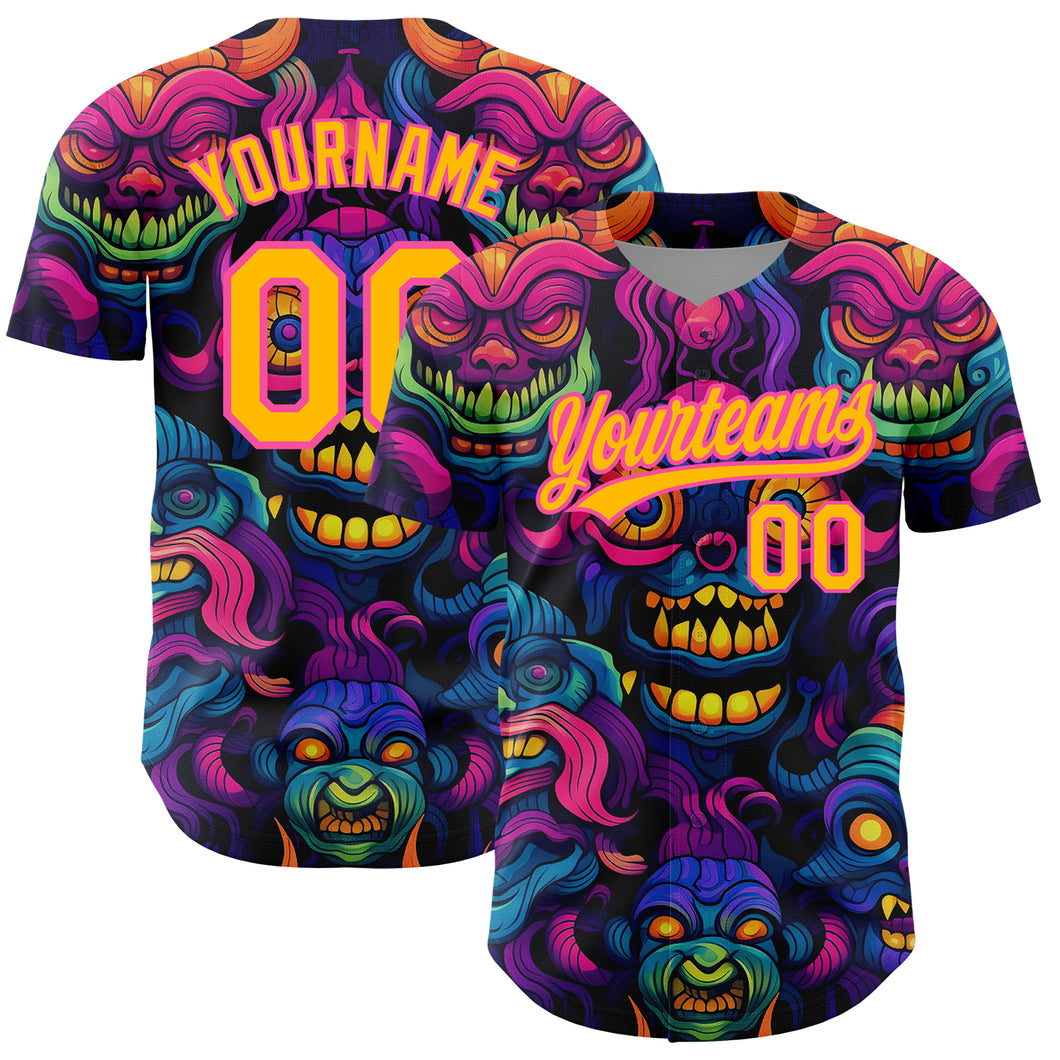 Custom Black Gold-Pink 3D Pattern Design Abstract Monsters Authentic Baseball Jersey