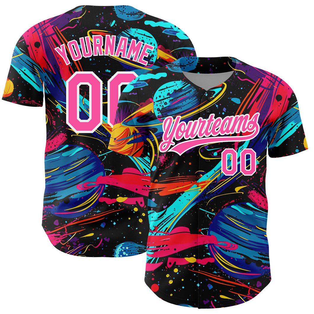 Custom Black Pink-White 3D Pattern Design Space With Planets And Rockets Authentic Baseball Jersey