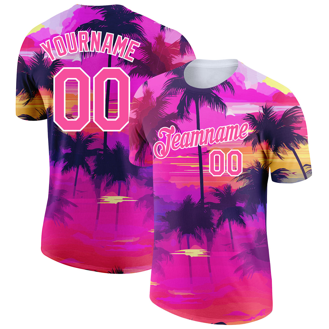 Custom Pink White 3D Pattern Design Tropical Hawaii Palms Trees Performance T-Shirt