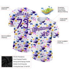 Laden Sie das Bild in den Galerie-Viewer, Custom White Purple 3D Pattern Design Tropical Hawaii Flower With Bird Performance T-Shirt
