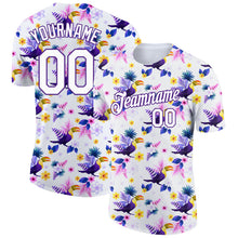 Load image into Gallery viewer, Custom White Purple 3D Pattern Design Tropical Hawaii Flower With Bird Performance T-Shirt
