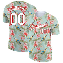 Загрузить изображение в средство просмотра галереи, Custom Teal White-Red 3D Pattern Design Tropical Hawaii Flower With Bird Performance T-Shirt
