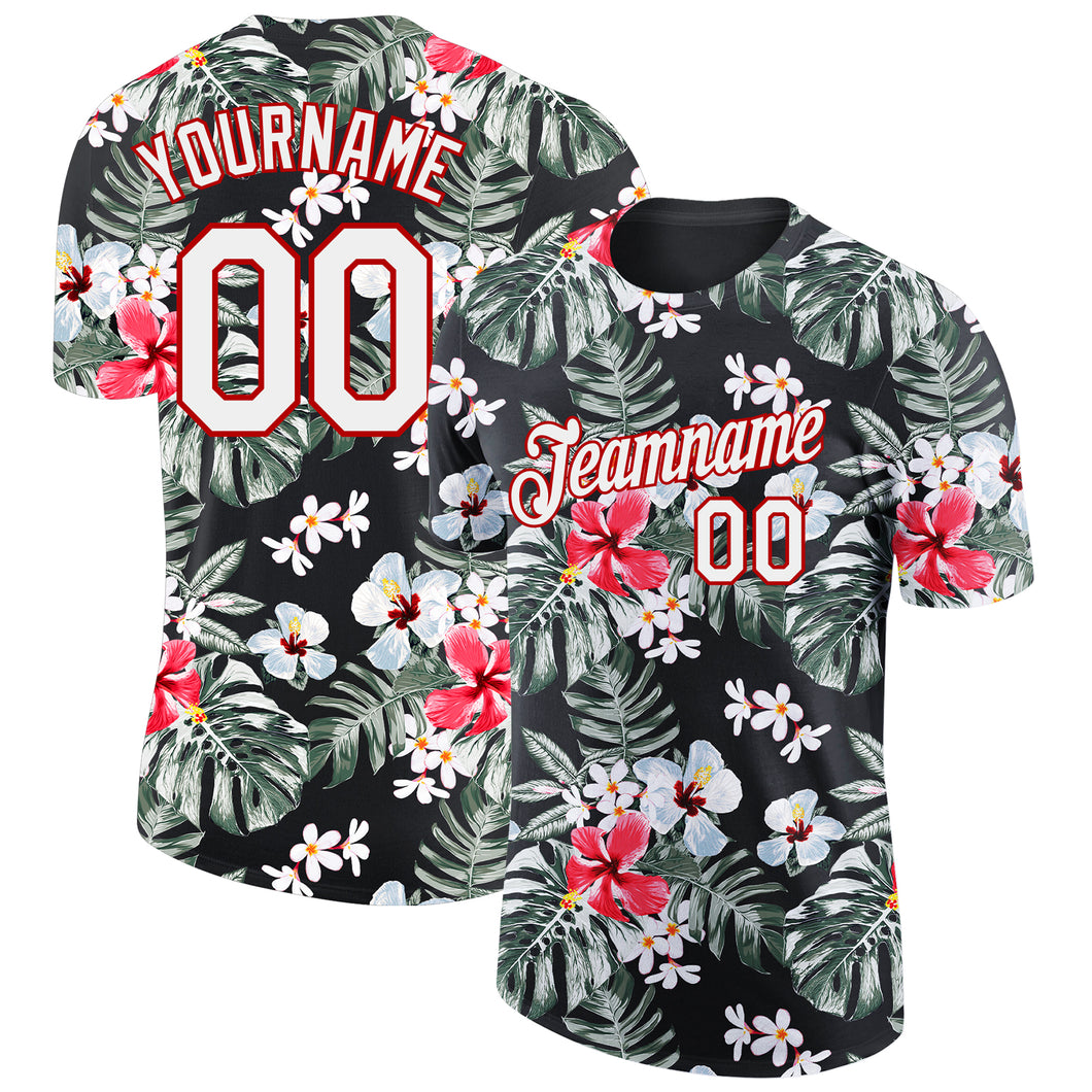 Custom Black White-Red 3D Pattern Design Tropical Hawaii Plant Performance T-Shirt