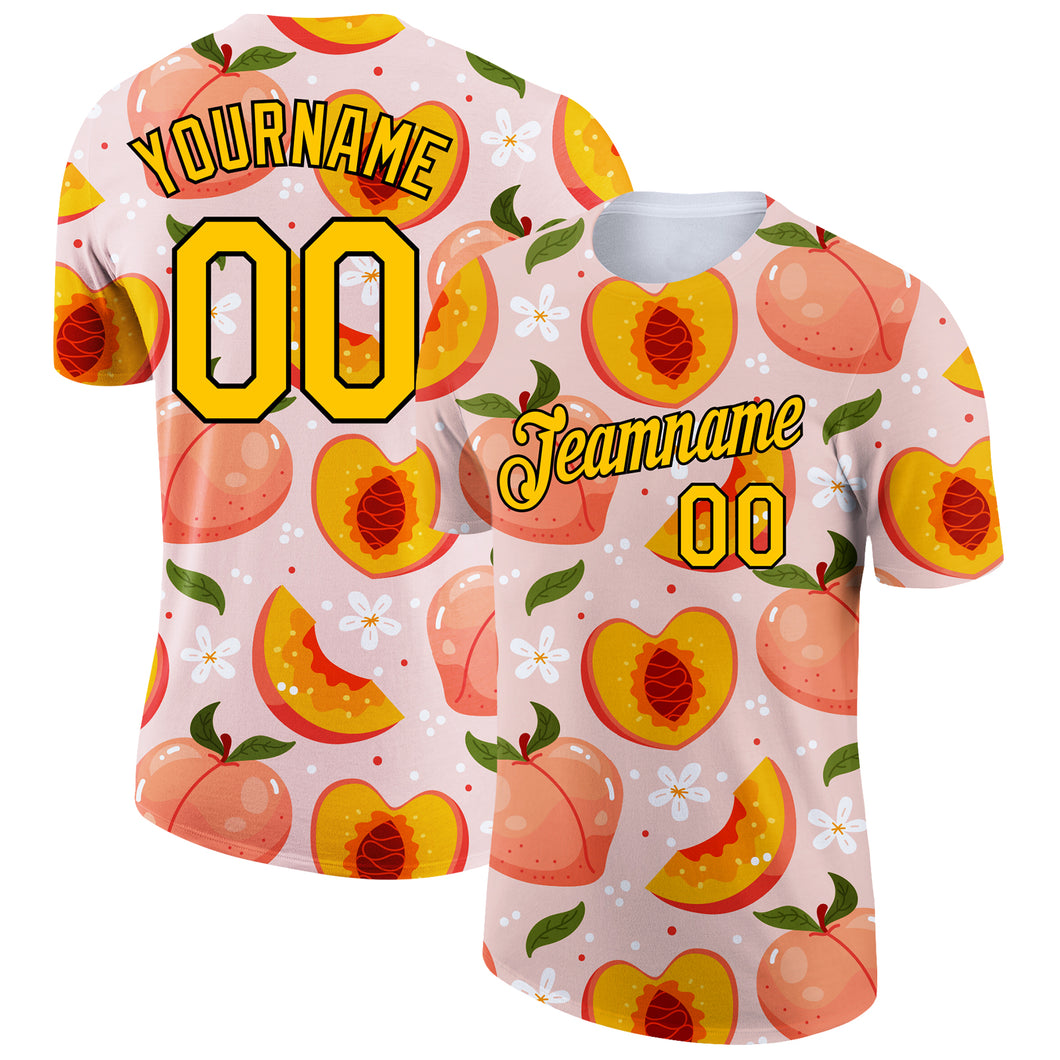 Custom Medium Pink Gold-Black 3D Pattern Design Summer Holiday Peach Performance T-Shirt