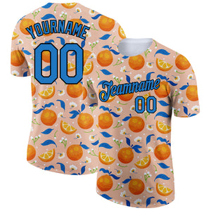 Custom Orange Blue-Black 3D Pattern Design Summer Holiday Fruit And Flower Performance T-Shirt