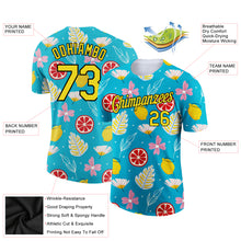 Загрузить изображение в средство просмотра галереи, Custom Sky Blue Neon Yellow-Black 3D Pattern Design Summer Holiday Flower And Fruit Performance T-Shirt
