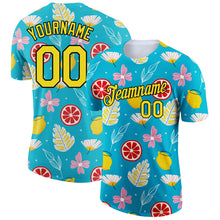 Загрузить изображение в средство просмотра галереи, Custom Sky Blue Neon Yellow-Black 3D Pattern Design Summer Holiday Flower And Fruit Performance T-Shirt
