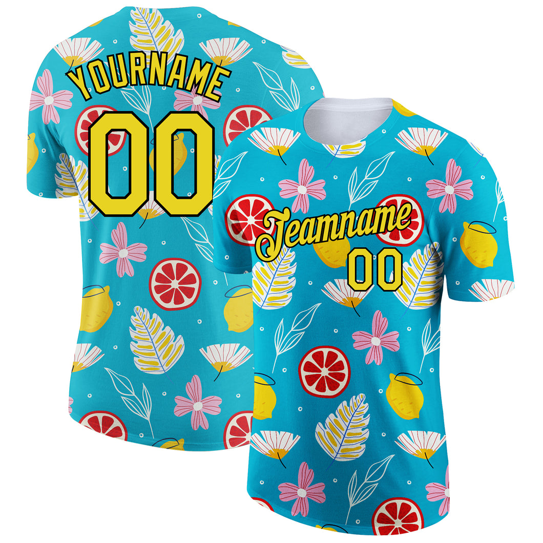 Custom Sky Blue Neon Yellow-Black 3D Pattern Design Summer Holiday Flower And Fruit Performance T-Shirt