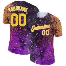 Загрузить изображение в средство просмотра галереи, Custom Black Yellow-Purple 3D Pattern Design Holi Festival Color Powder Performance T-Shirt
