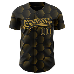Custom Black Old Gold 3D Pattern Design Halftone Geometric Shapes Authentic Baseball Jersey
