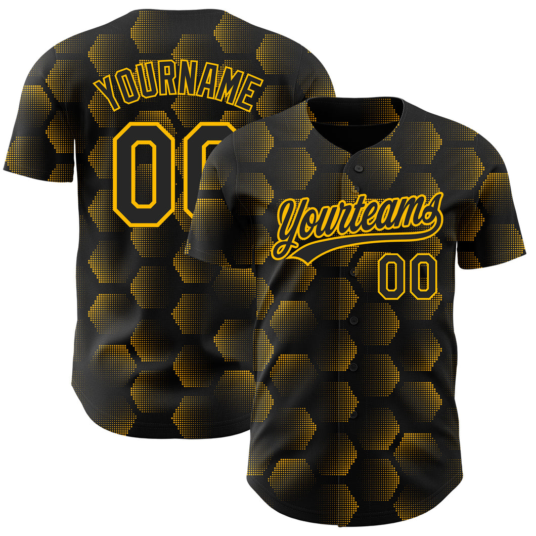 Custom Black Gold 3D Pattern Design Halftone Geometric Shapes Authentic Baseball Jersey