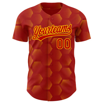 Custom Red Gold 3D Pattern Design Halftone Geometric Shapes Authentic Baseball Jersey