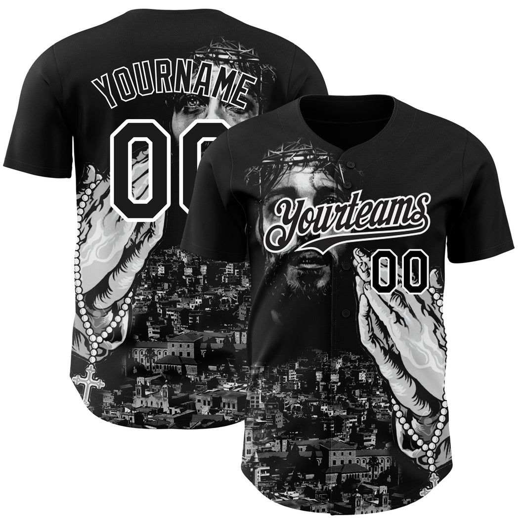 Custom Black White 3D Pattern Design Religion Jesus Christ Authentic Baseball Jersey