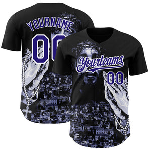 Custom Black Purple-White 3D Pattern Design Religion Jesus Christ Authentic Baseball Jersey