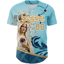 Load image into Gallery viewer, Custom Teal Old Gold-White 3D Pattern Design Religion Virgin Mary Authentic Baseball Jersey
