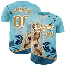 Load image into Gallery viewer, Custom Teal Old Gold-White 3D Pattern Design Religion Virgin Mary Authentic Baseball Jersey
