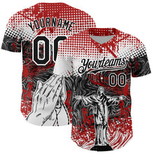 Load image into Gallery viewer, Custom Red Black-White 3D Pattern Design Religion Jesus Christ Authentic Baseball Jersey
