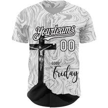 Load image into Gallery viewer, Custom White Black 3D Pattern Design Religion Cross Jesus Christ Good Friday Authentic Baseball Jersey
