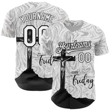 Load image into Gallery viewer, Custom White Black 3D Pattern Design Religion Cross Jesus Christ Good Friday Authentic Baseball Jersey
