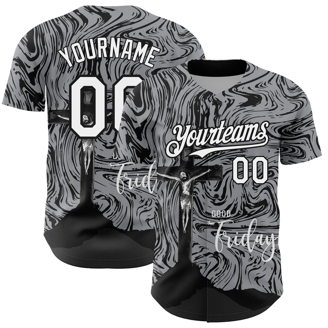 Custom Gray White-Black 3D Pattern Design Religion Cross Jesus Christ Good Friday Authentic Baseball Jersey