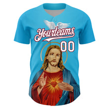 Load image into Gallery viewer, Custom Sky Blue White-Maroon 3D Pattern Design Religion Jesus Christ And Virgin Mary Authentic Baseball Jersey
