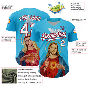 Custom Sky Blue White-Maroon 3D Pattern Design Religion Jesus Christ And Virgin Mary Authentic Baseball Jersey