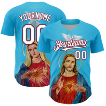 Load image into Gallery viewer, Custom Sky Blue White-Maroon 3D Pattern Design Religion Jesus Christ And Virgin Mary Authentic Baseball Jersey
