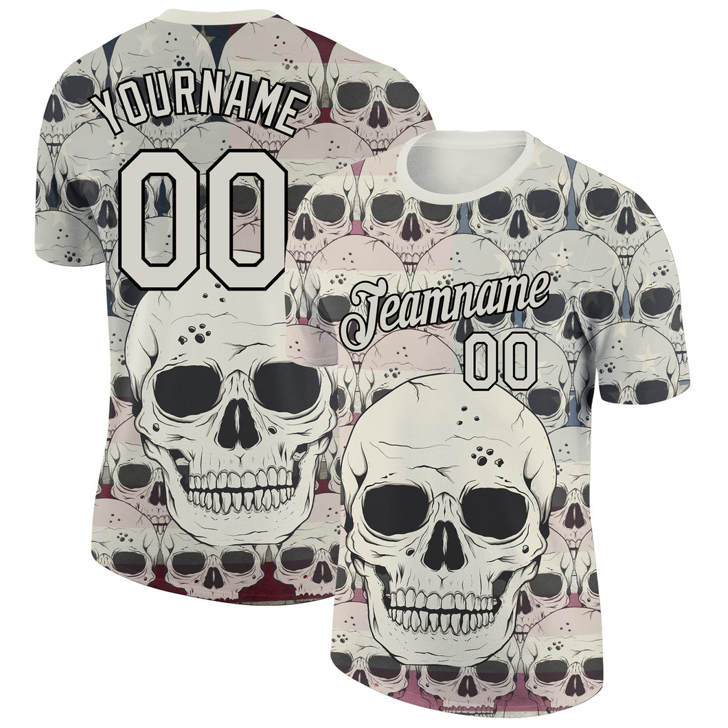 Custom City Cream Black 3D Skull Fashion Performance T-Shirt