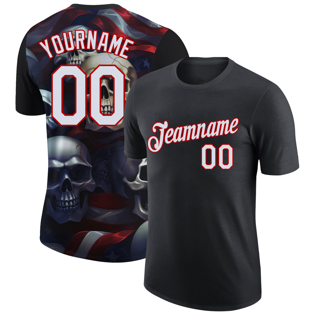 Custom Black White-Red 3D Skull And American Flag Performance T-Shirt