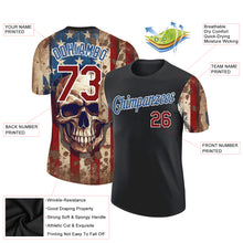 Laden Sie das Bild in den Galerie-Viewer, Custom Black Crimson-Blue 3D Skull With American Flag Performance T-Shirt
