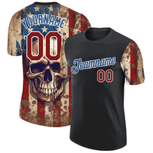 Laden Sie das Bild in den Galerie-Viewer, Custom Black Crimson-Blue 3D Skull With American Flag Performance T-Shirt
