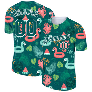 Custom Midnight Green White 3D Pattern Design Tropical Hawaii Flamingo Performance T-Shirt