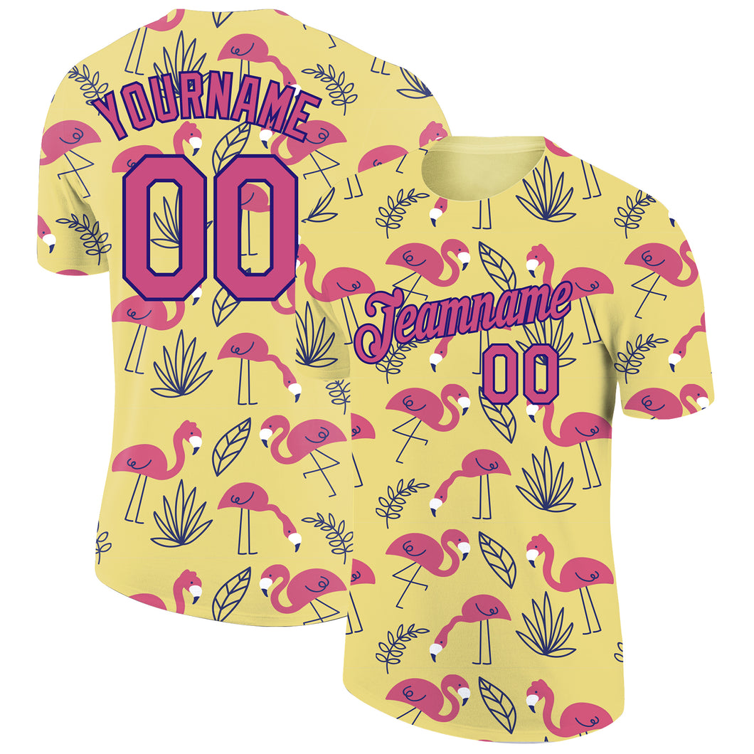 Custom Yellow Pink-Dark Purple 3D Pattern Design Tropical Hawaii Flamingo Performance T-Shirt