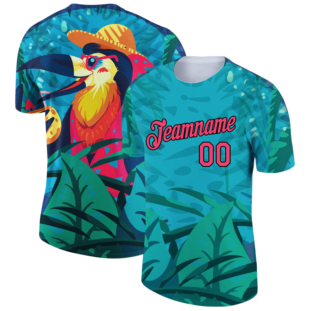 Custom Green Neon Pink-Black 3D Pattern Design Tropical Hawaii Pelican Performance T-Shirt