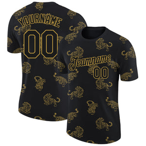 Custom Black Old Gold 3D Pattern Design Tiger Performance T-Shirt