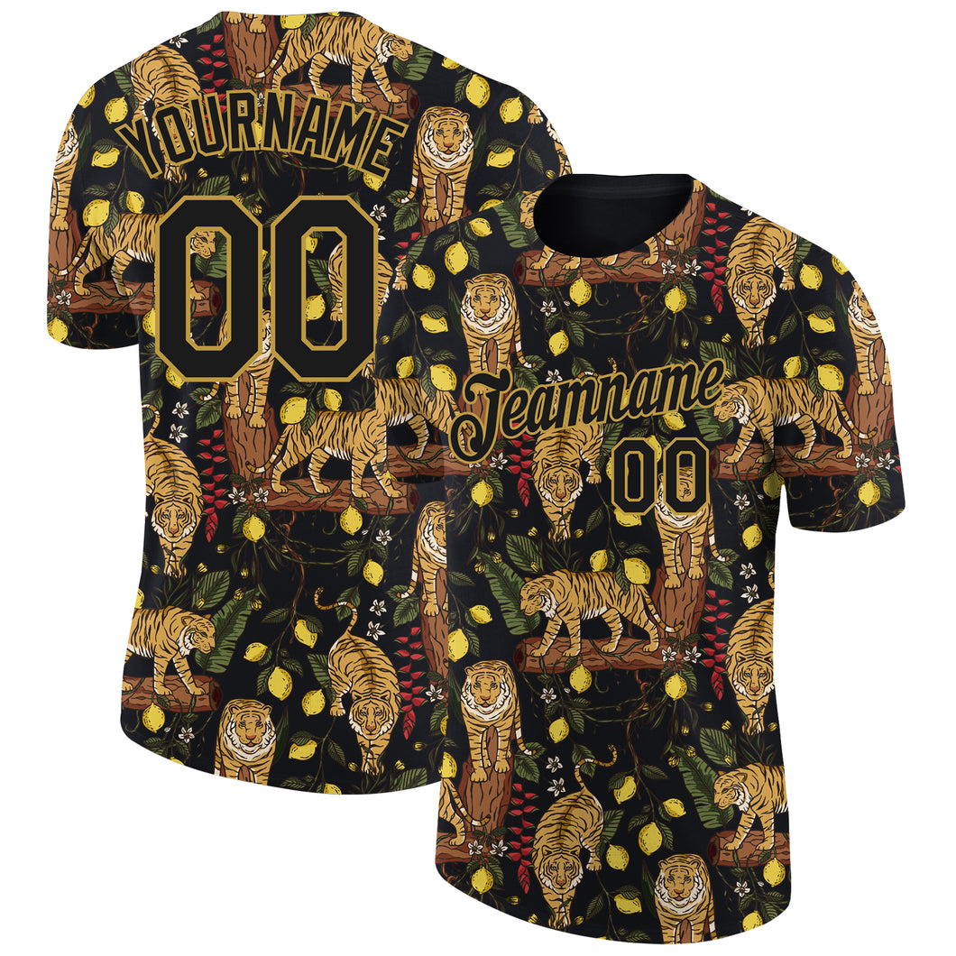 Custom Black Old Gold 3D Pattern Design Tiger Performance T-Shirt