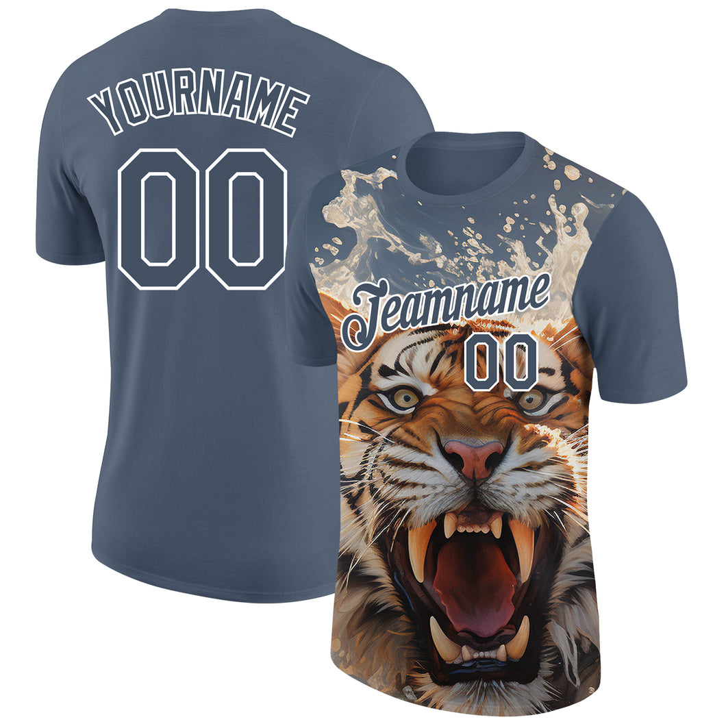 Custom US Navy Blue White 3D Pattern Design Tiger Performance T-Shirt