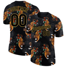 Load image into Gallery viewer, Custom Black Old Gold 3D Pattern Design Tiger Performance T-Shirt
