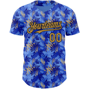 Custom Light Blue Old Gold-Black 3D Pattern Design Tropical Hawaii Palm Leaves Authentic Baseball Jersey