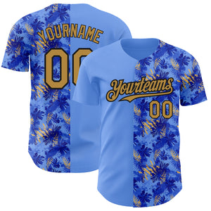 Custom Light Blue Old Gold-Black 3D Pattern Design Tropical Hawaii Palm Leaves Authentic Baseball Jersey