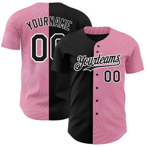 Custom Medium Pink Black-White 3D Pattern Design Tropical Hawaii Palm Leaves Authentic Baseball Jersey