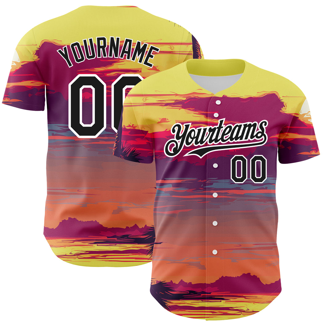 Custom Yellow Black-White 3D Pattern Design Beach Hawaii Palm Trees Authentic Baseball Jersey