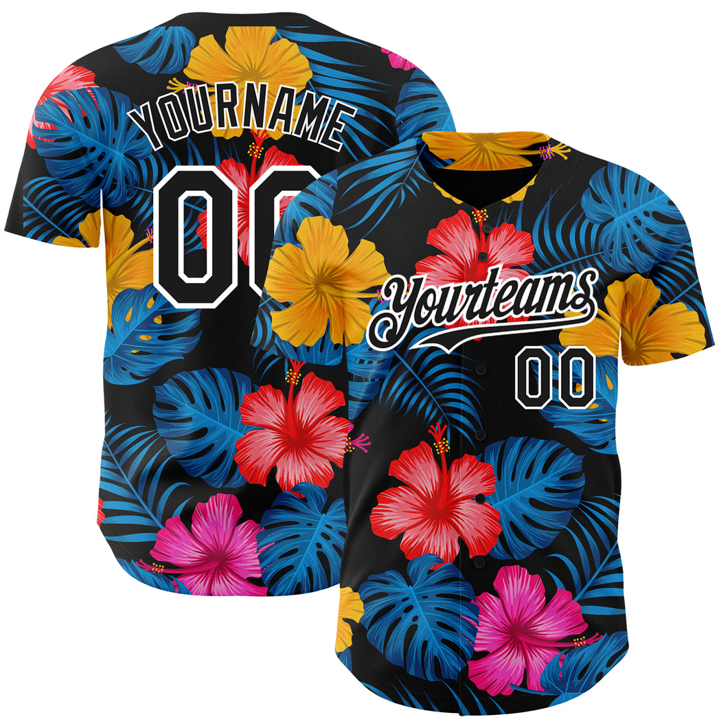 Custom Black White 3D Pattern Design Tropical Flower And Hawaii Palm Leaves Authentic Baseball Jersey