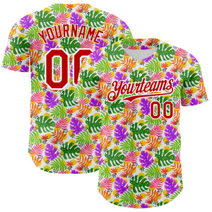 Custom White Red 3D Pattern Design Tropical Hawaii Palm Leaves Authentic Baseball Jersey